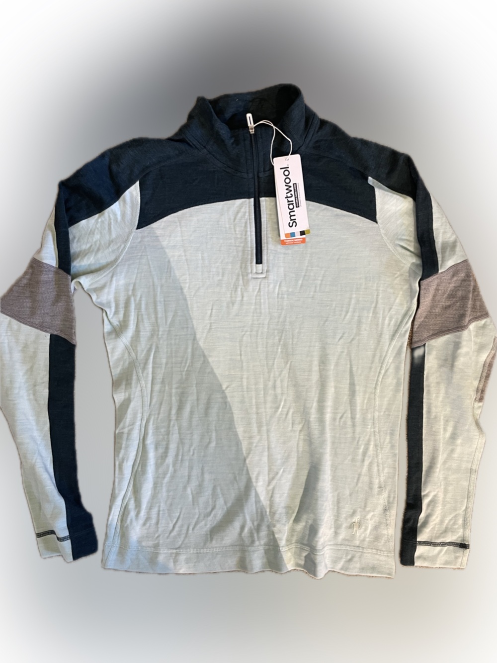 Smartwool women’s Light green/greyand dark green zip neck; nwt; size L